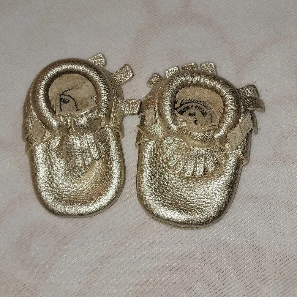 Freshly Picked Metallic Gold Soft Leather Moccasins Shoes Baby Infant Size 1